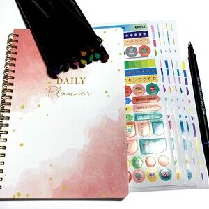 Undated Daily Planner, Stickers and Fine Tip Markers 8 x 5.5 inches Pink